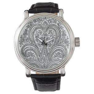 Noir + Blanc - fleur + Motif de Paisley - montre