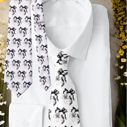 Noir Blanc Floral Botanique Lily Cravate de ruban