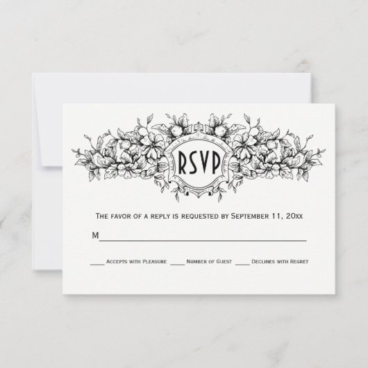 Noir, blanc floral heraldique mariage RSVP (Devant)