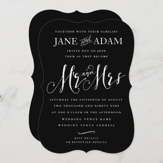 Noir Blanc M & Mme Faire-part de mariage de typogr (Devant / Derrière)