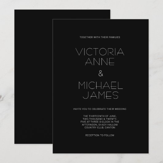 Noir & Blanc Moderne Élégant Mariage Invitation (Devant / Derrière)