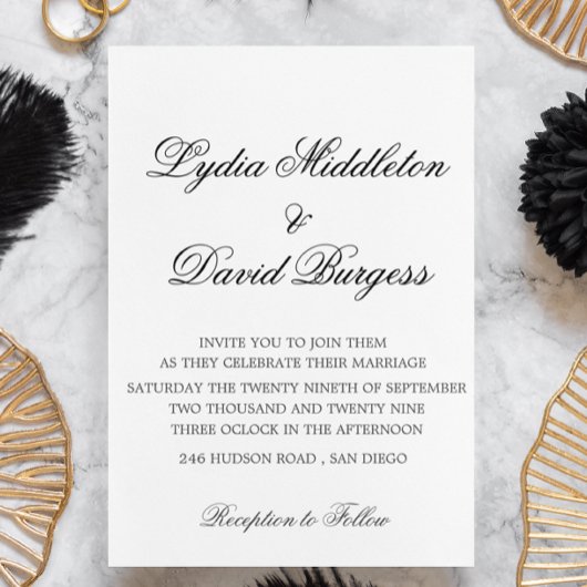 Noir Blanc Monogramme Élégant Mariage Invitation
