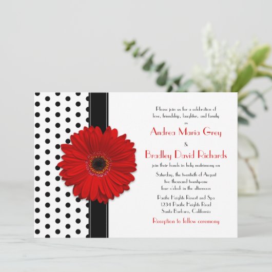 Noir blanc Polka Pot rouge Faire-part de mariage m (Debout devant)