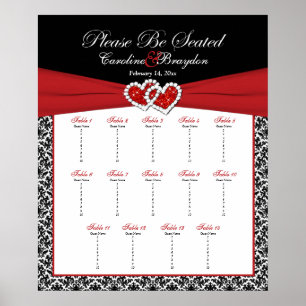 Noir Blanc Rouge Damas Coeurs Table Siège Poster