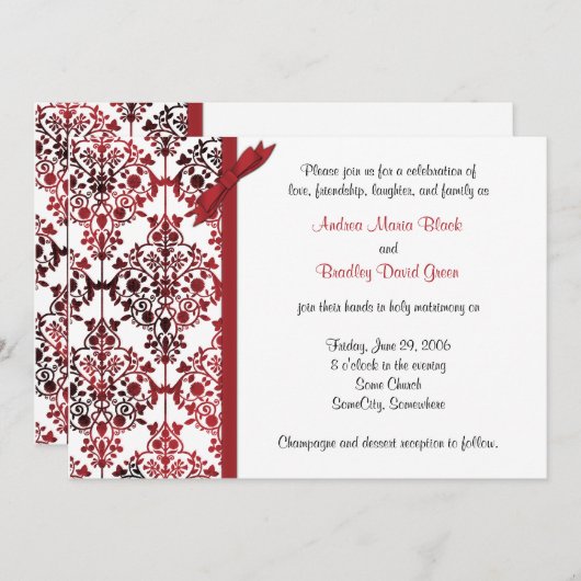 Noir Blanc Rouge Damas Faire-part de mariage Flora (Devant / Derrière)