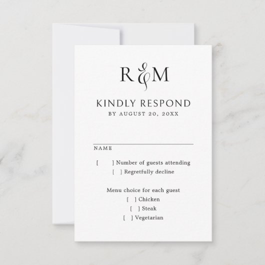 Noir Blanc Simple Monogramme Mariage RSVP (Devant)
