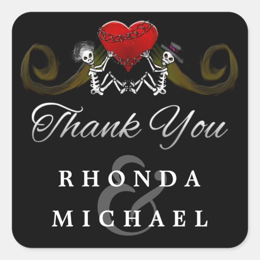 Noir Blanc Skeletons Coeur Merci Étiquette (Devant)