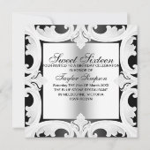 Noir/Blanc Sweet16 Damask Design Invitation d'anni (Dos)