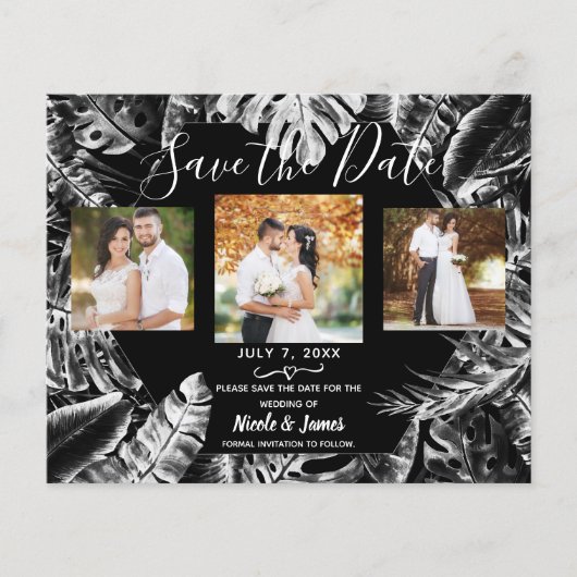 Noir Blanc Tropical Feuilles mariage Enregistrer l (Devant)