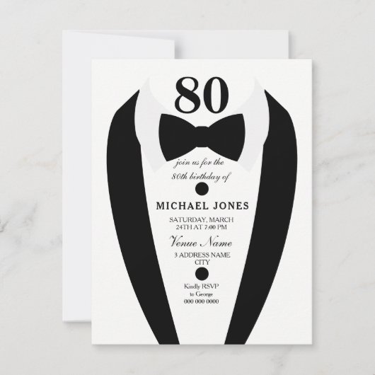 Noir blanc Tuxedo Mens 80e anniversaire Invitation (Devant)