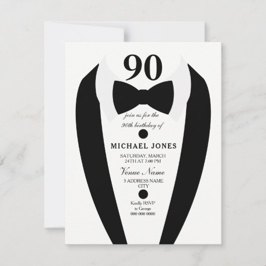 Noir blanc Tuxedo Mens 90e anniversaire Invitation (Devant)