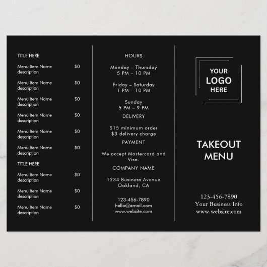 Noir Custom Business Logo Restaurant Takeout Menu (Devant)