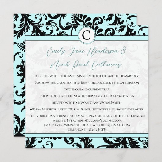 Noir Damas Aqua Faire-part de mariage bleu (Devant / Derrière)