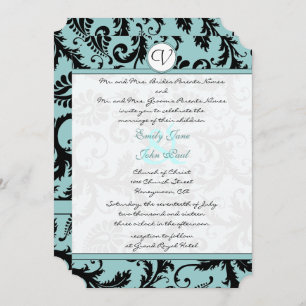 Noir Damas Aqua Faire-part de mariage bleu