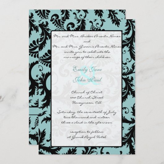 Noir Damas Aqua Faire-part de mariage bleu (Devant / Derrière)