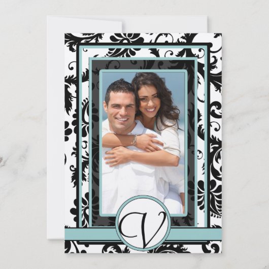 Noir Damas Aqua Faire-part de mariage bleu (Dos)