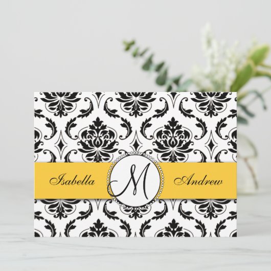 Noir Damas Faire-part de mariage jaune (Debout devant)