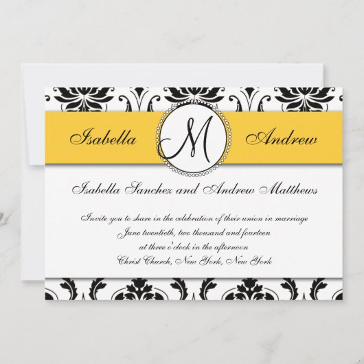 Noir Damas Faire-part de mariage jaune (Dos)