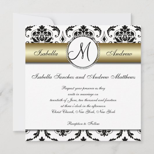 Noir Damas Faire-part de mariage or (Dos)