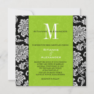 Noir Damas Faire-part de mariage vert Monogramme