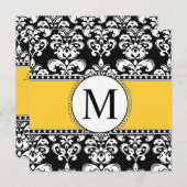 Noir Damas Monogramme Mariage Invitations Jaune (Devant / Derrière)