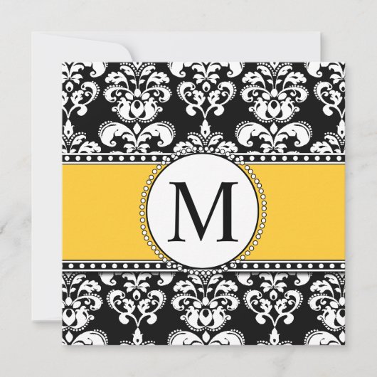 Noir Damas Monogramme Mariage Invitations Jaune (Devant)
