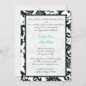 Noir Damask Aqua Blue Monogram Faire-part de maria (Devant)
