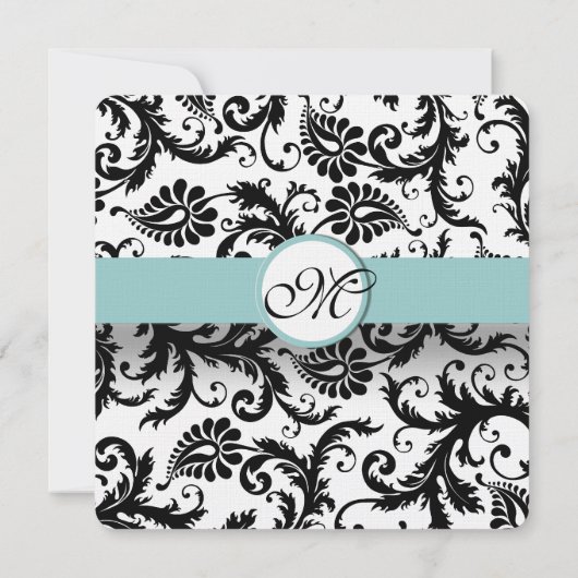 Noir Damask Aqua Pool Faire-part de mariage Bleu (Dos)