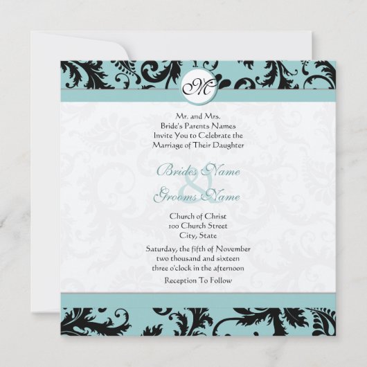 Noir Damask Aqua Pool Faire-part de mariage Bleu (Devant)