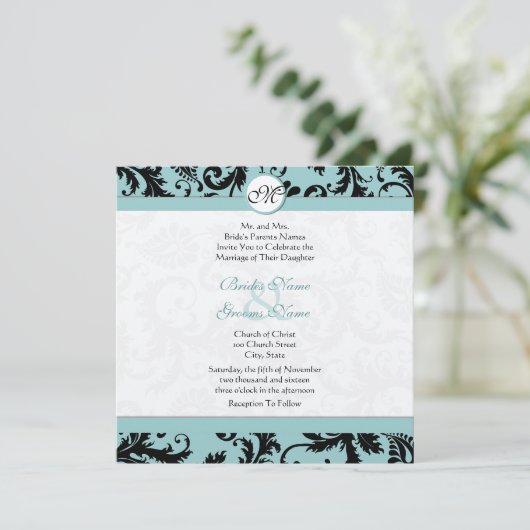 Noir Damask Aqua Pool Faire-part de mariage Bleu (Debout devant)
