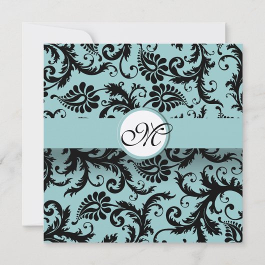 Noir Damask Aqua Pool Faire-part de mariage Bleu (Dos)