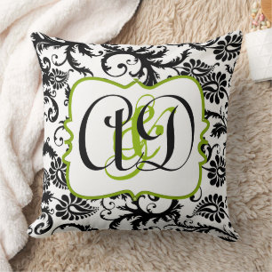 Noir Damask Monogram mariée et Coussin de chambre