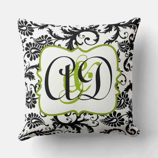 Noir Damask Monogram mariée et Coussin de chambre (Verso)
