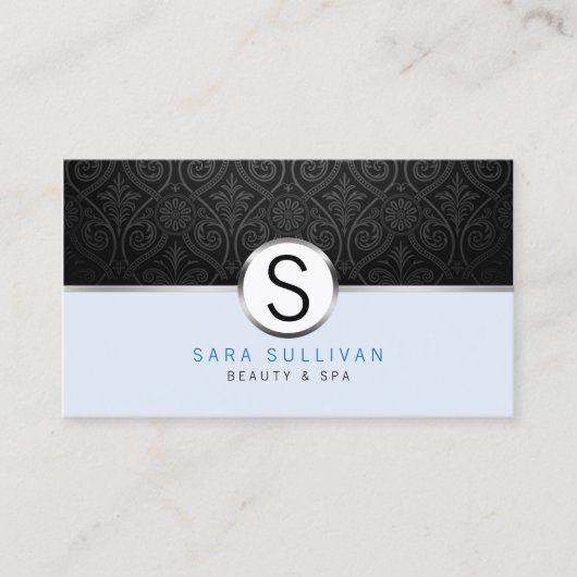 Noir Damask Monogramme Beauté Spa Carte de visite (Devant)