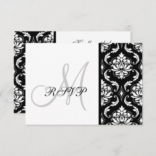 Noir Damask Monogramme Mariage RSVP (Devant / Derrière)