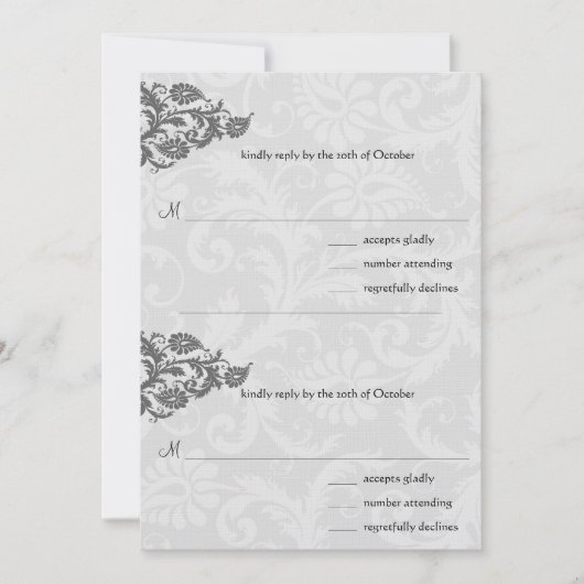 Noir Damask Plum Hearts RSVP Faire-part de mariage (Devant)