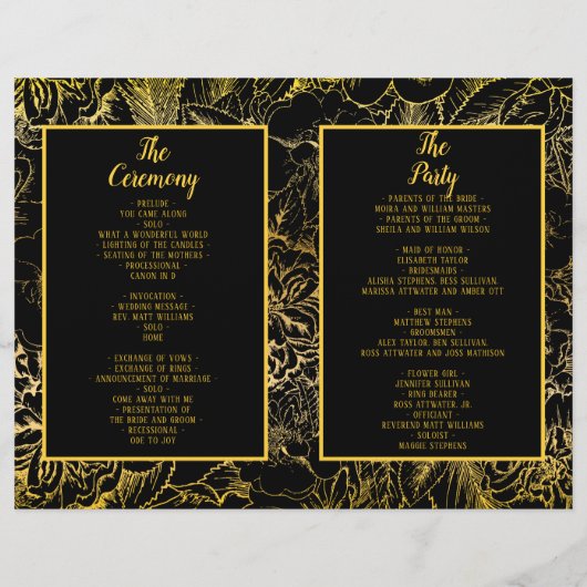 Noir élégant | Gold Rose Floral Wedding Programme (Dos)