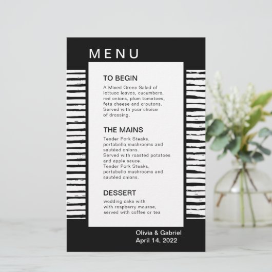 Noir élégant rayé. Menu de mariage (Debout devant)