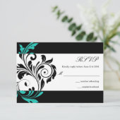 Noir et Aqua Floral Swirl Wedding RSVP (Debout devant)