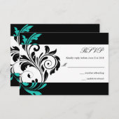 Noir et Aqua Floral Swirl Wedding RSVP (Devant / Derrière)
