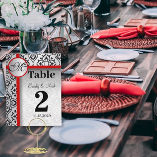 Noir et Argent Damask Red Trim Numéro de table