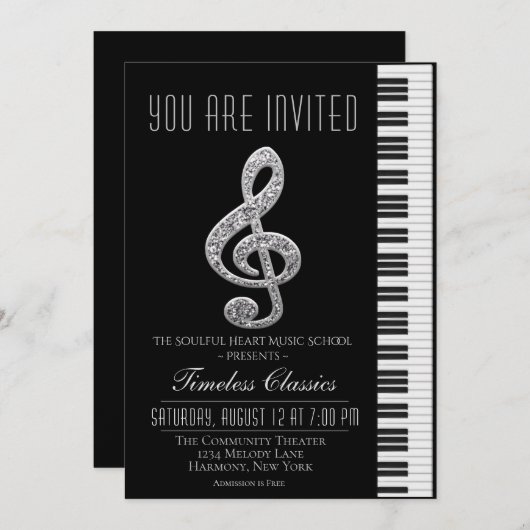 Noir et Argent Treble Cleft Considérant Invitation (Devant / Derrière)