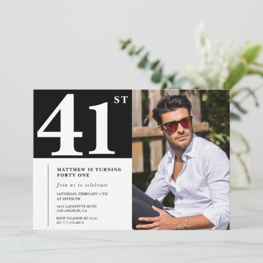 Noir et blanc 41e anniversaire Invitations Photo (Debout devant)