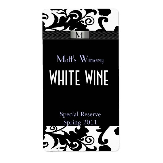 Noir et blanc Damas Monogramme Marque Étiquettes (Devant)