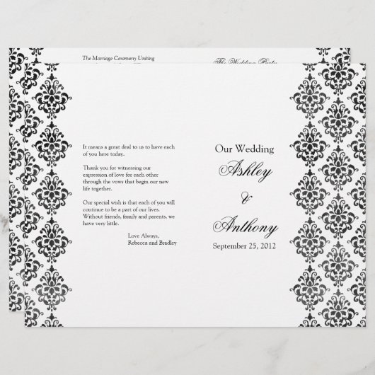 Noir et blanc Damas Programme de mariage pliable (Devant / Derrière)