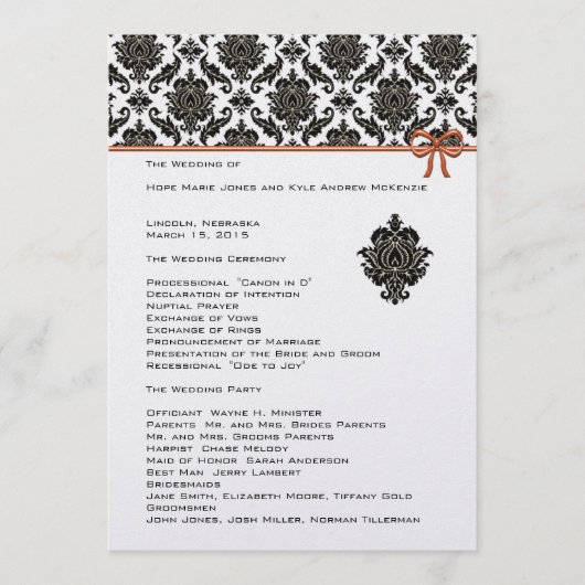 Noir et blanc Damask Pink Trim Wedding Programme (Devant)