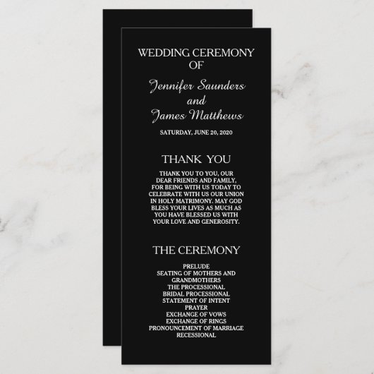 Noir et blanc Élégant programme de mariage (Devant / Derrière)