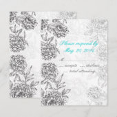 Noir et blanc Floral Mariage RSVP Card Aqua Blue (Devant / Derrière)