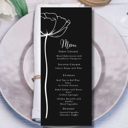 Noir et blanc Gras Floral Moderne Menu simple
