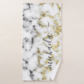 Noir et blanc marbre or brillant Nom personnalisé (Serviette de bain)